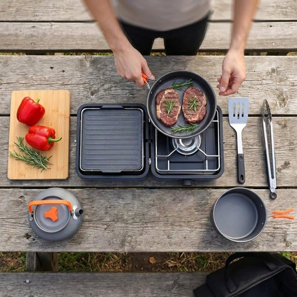 30,000 BTU 2-Burner Propane Camping Stove with Cookware Set & Carry Bag, Portable Foldable Gas Stove for Outdoor Cooking